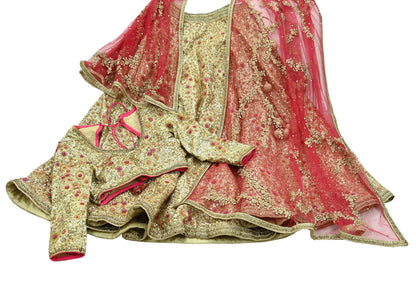 Indian Pre-owned Heavy Golden & Red Pure Chanderi Silk/Net Hand Embroidered Lehenga 3pcs Set By Designer Abu Jani Bridal Wear Padded Blouse