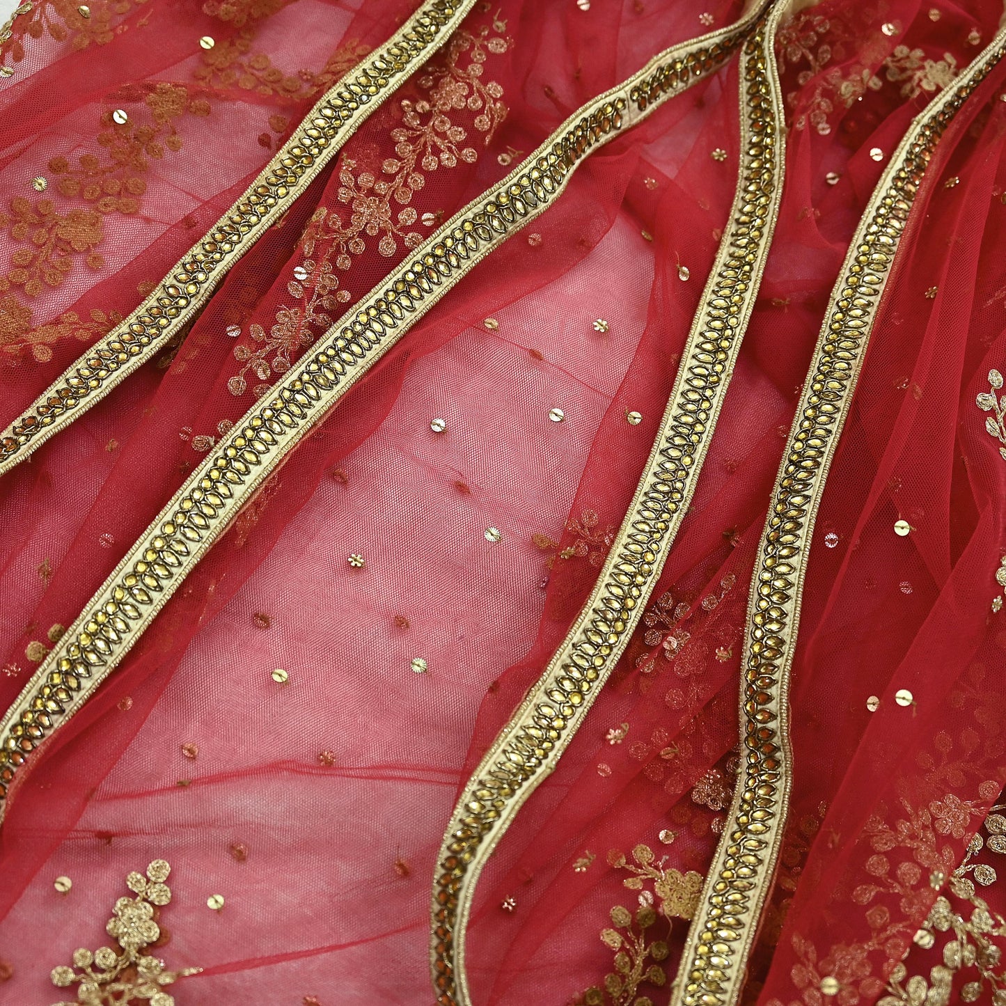 Indian Pre-owned Heavy Dupatta Red Net Long Stole Hand Embroidered By Designer Abu Jani Scarves Bridal Veil