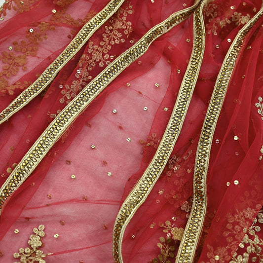 Indian Pre-owned Heavy Dupatta Red Net Long Stole Hand Embroidered By Designer Abu Jani Scarves Bridal Veil