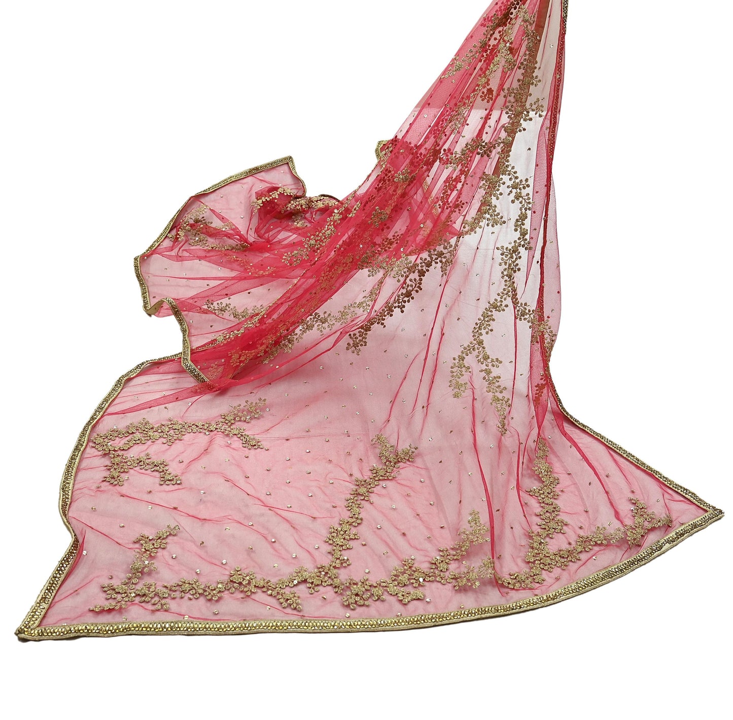 Indian Pre-owned Heavy Dupatta Red Net Long Stole Hand Embroidered By Designer Abu Jani Scarves Bridal Veil