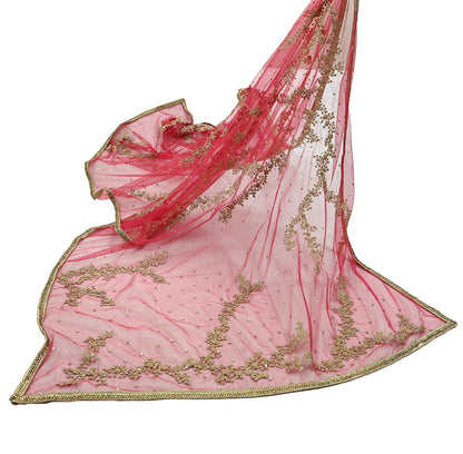 Indian Pre-owned Heavy Dupatta Red Net Long Stole Hand Embroidered By Designer Abu Jani Scarves Bridal Veil