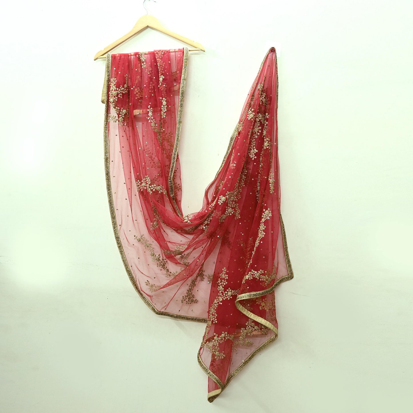 Indian Pre-owned Heavy Dupatta Red Net Long Stole Hand Embroidered By Designer Abu Jani Scarves Bridal Veil