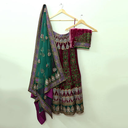 Indian Heavy Wedding Green & Pink Net/Mesh/Velvet Hand Embroidered Fish Cut Lehenga 3pcs Set Designer By Manish Malhotra Party Wear