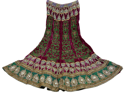 Indian Heavy Wedding Green & Pink Net/Mesh/Velvet Hand Embroidered Fish Cut Lehenga 3pcs Set Designer By Manish Malhotra Party Wear