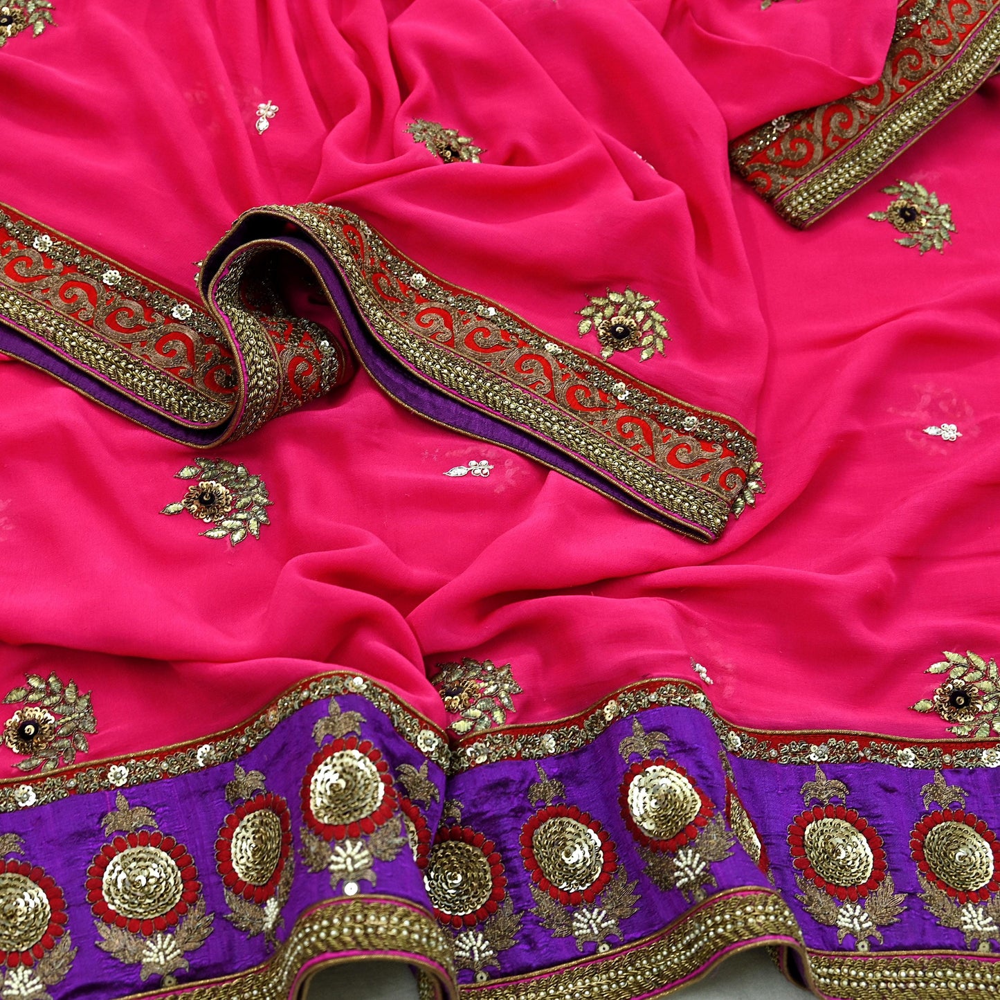 Indian New Heavy Brown & Pink Colored Pure Georgette Silk/Net Hand Embroidered Lehenga 2pcs Set By Designer Sabyasachi Bridal Wear