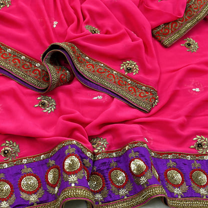 Indian New Heavy Brown & Pink Colored Pure Georgette Silk/Net Hand Embroidered Lehenga 2pcs Set By Designer Sabyasachi Bridal Wear