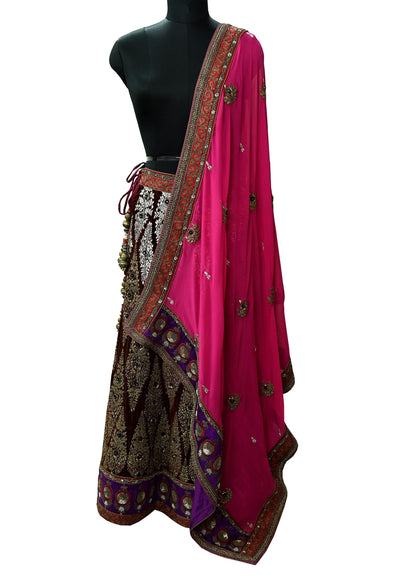 Indian New Heavy Brown & Pink Colored Pure Georgette Silk/Net Hand Embroidered Lehenga 2pcs Set By Designer Sabyasachi Bridal Wear
