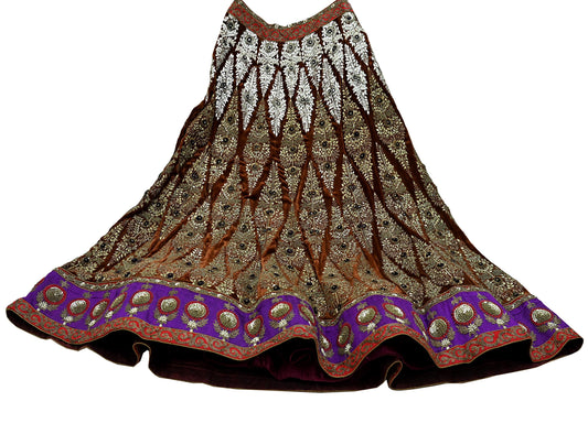 Indian Vintage Heavy Brown Velvet Hand Embroidered Brocade Lehenga Skirt By Designer Sabyasachi Bridal Wear Dabka/ Zardozi