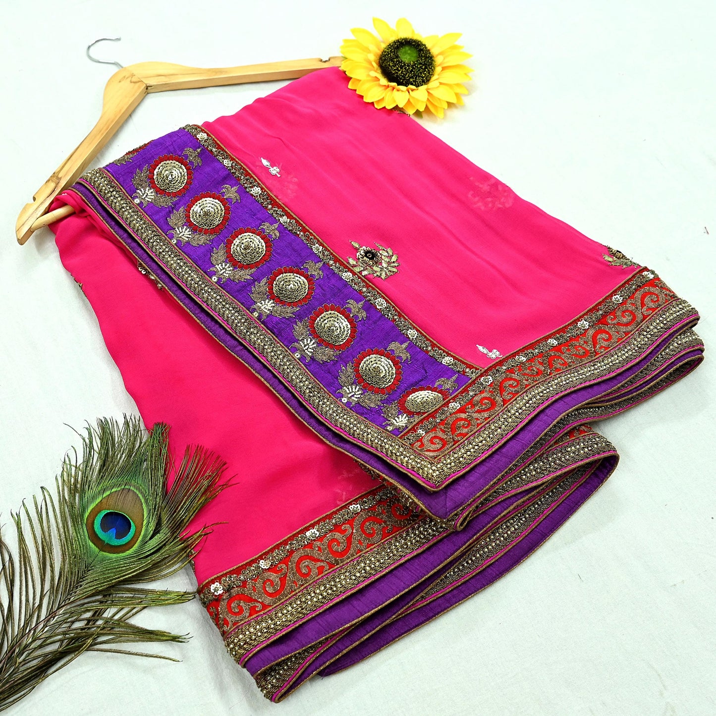 Indian Vintage Heavy Wedding Dupatta Pink Pure Georgette Silk Long Stole Hand Embroidered By Designer Sabyasachi Scarves Zardozi Bridal Veil