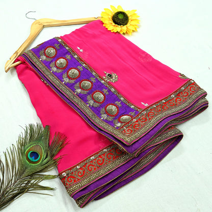 Indian Vintage Heavy Wedding Dupatta Pink Pure Georgette Silk Long Stole Hand Embroidered By Designer Sabyasachi Scarves Zardozi Bridal Veil