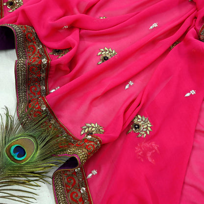 Indian Vintage Heavy Wedding Dupatta Pink Pure Georgette Silk Long Stole Hand Embroidered By Designer Sabyasachi Scarves Zardozi Bridal Veil