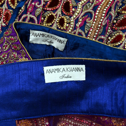 Indian Heavy Wedding Blue & Purple Net/Mesh Hand Embroidered Lehenga 3pcs Set Designer By Anamika Khanna Party Wear With Blouse Fabric