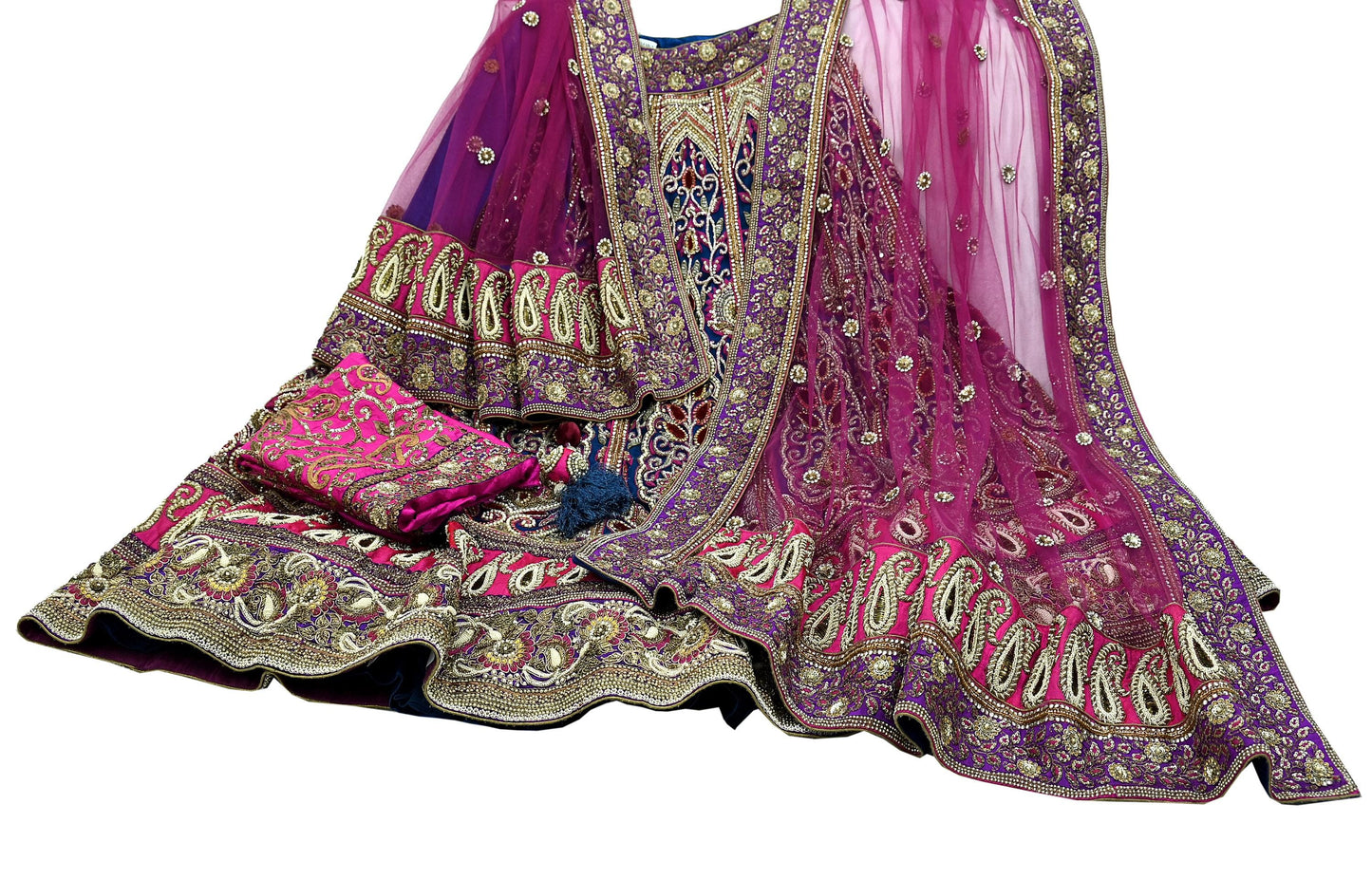 Indian Heavy Wedding Blue & Purple Net/Mesh Hand Embroidered Lehenga 3pcs Set Designer By Anamika Khanna Party Wear With Blouse Fabric