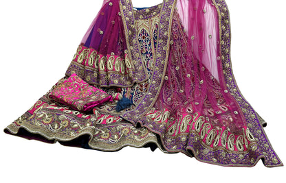 Indian Heavy Wedding Blue & Purple Net/Mesh Hand Embroidered Lehenga 3pcs Set Designer By Anamika Khanna Party Wear With Blouse Fabric