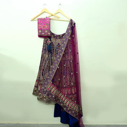 Indian Heavy Wedding Blue & Purple Net/Mesh Hand Embroidered Lehenga 3pcs Set Designer By Anamika Khanna Party Wear With Blouse Fabric