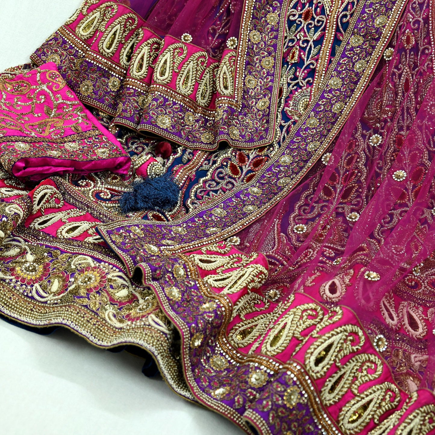 Indian Heavy Wedding Blue & Purple Net/Mesh Hand Embroidered Lehenga 3pcs Set Designer By Anamika Khanna Party Wear With Blouse Fabric