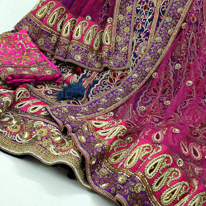 Indian Heavy Wedding Blue & Purple Net/Mesh Hand Embroidered Lehenga 3pcs Set Designer By Anamika Khanna Party Wear With Blouse Fabric