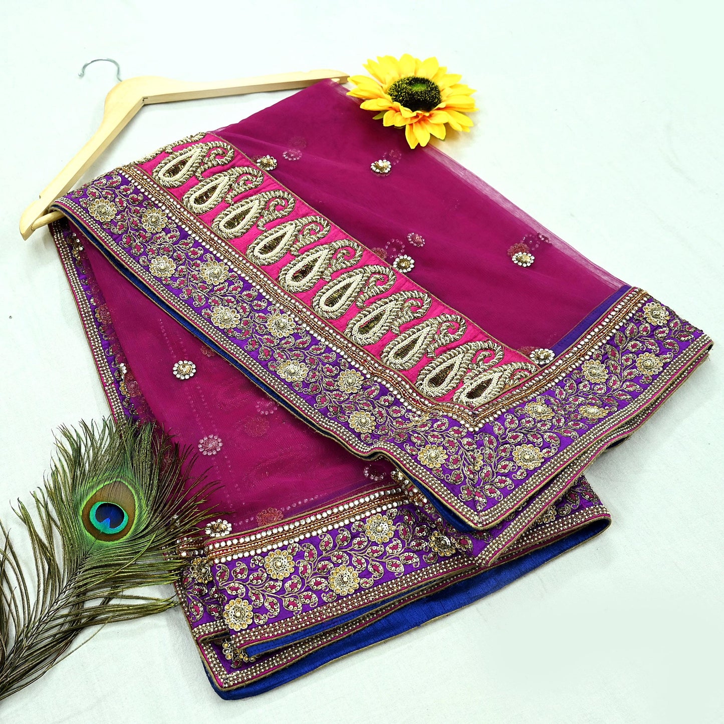 Indian Vintage Heavy Wedding Purple  Net/Mesh/ Velvet Hand Embroidered Dupatta Designer By Anamika Khanna Bridal Wear Dabka Veil Hijab