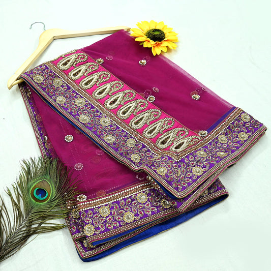 Indian Vintage Heavy Wedding Purple  Net/Mesh/ Velvet Hand Embroidered Dupatta Designer By Anamika Khanna Bridal Wear Dabka Veil Hijab
