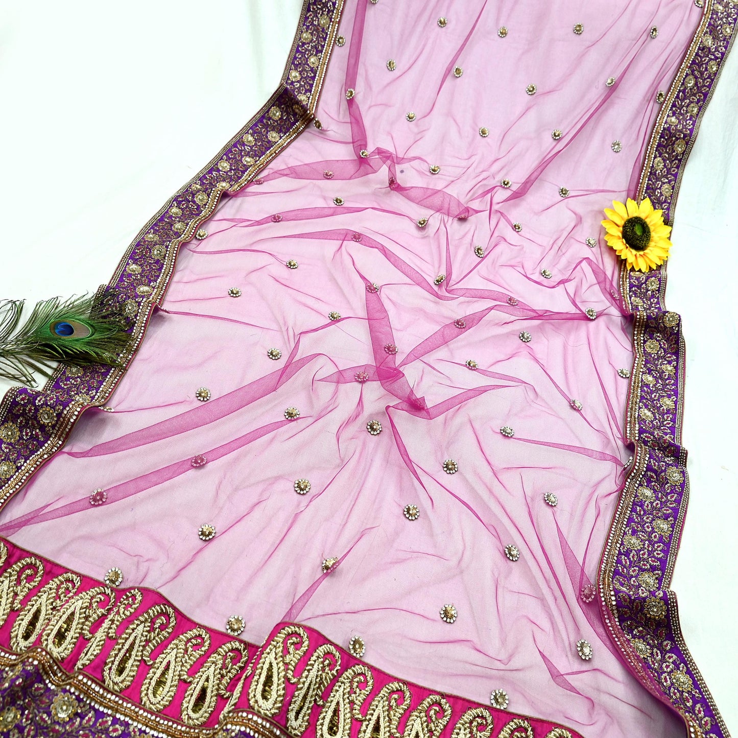 Indian Vintage Heavy Wedding Purple  Net/Mesh/ Velvet Hand Embroidered Dupatta Designer By Anamika Khanna Bridal Wear Dabka Veil Hijab