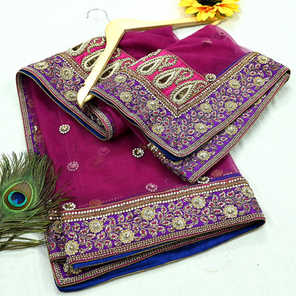 Indian Vintage Heavy Wedding Purple  Net/Mesh/ Velvet Hand Embroidered Dupatta Designer By Anamika Khanna Bridal Wear Dabka Veil Hijab