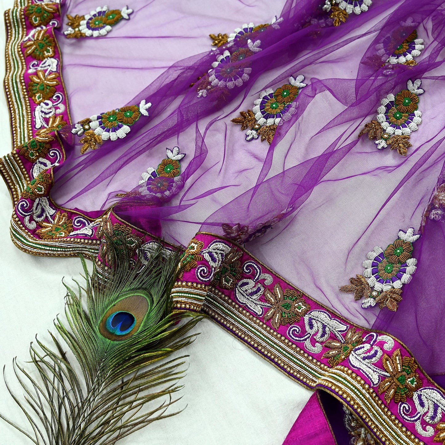 Indian Vintage Heavy Wedding Purple Net/Mesh/ Velvet Hand Embroidered Dupatta Designer By Manish Malhotra Bridal Wear Zardozi Veil Hijab