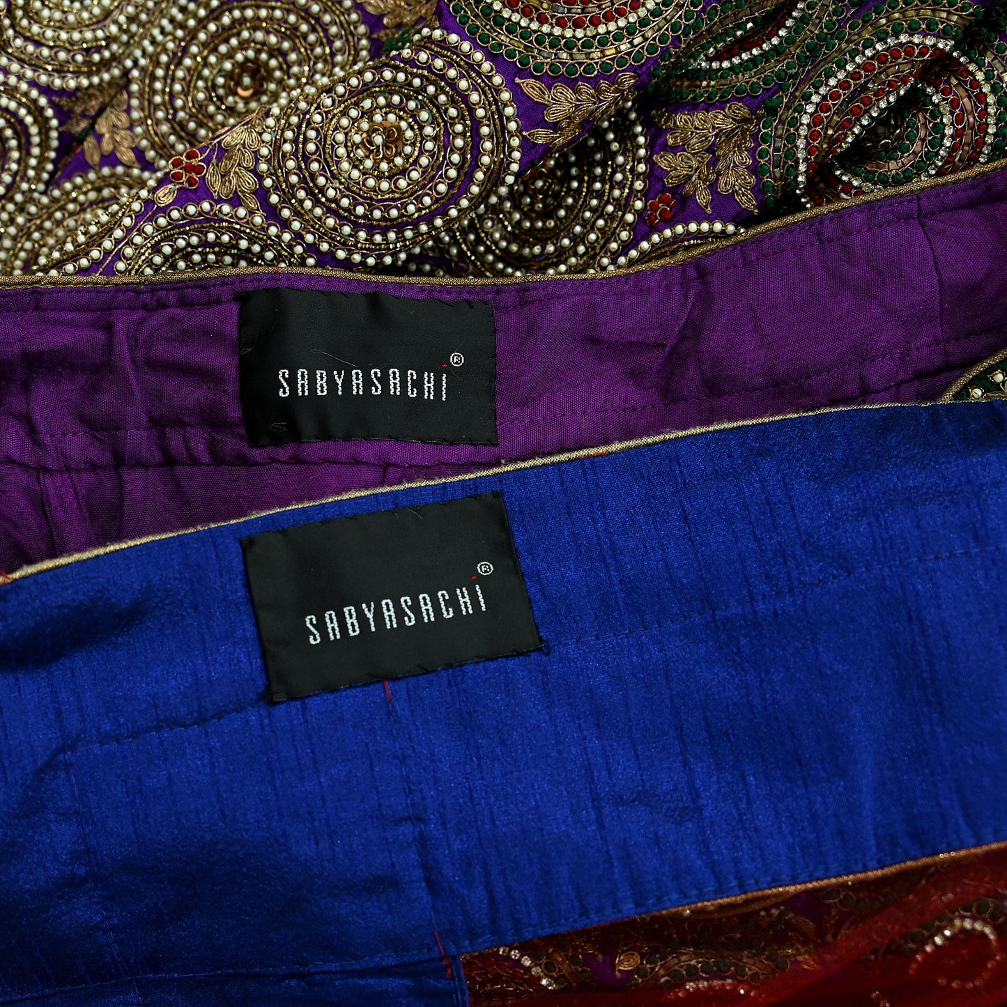 Indian New Heavy Purple & Red Colored Pure Chanderi Silk/Net Hand Embroidered Lehenga 3pcs Set By Designer Sabyasachi Bridal Wear