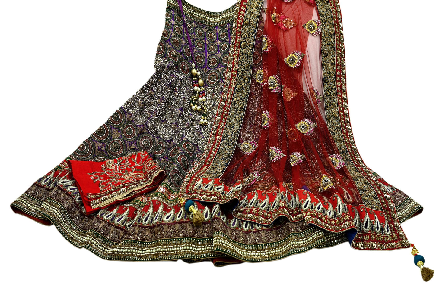 Indian New Heavy Purple & Red Colored Pure Chanderi Silk/Net Hand Embroidered Lehenga 3pcs Set By Designer Sabyasachi Bridal Wear