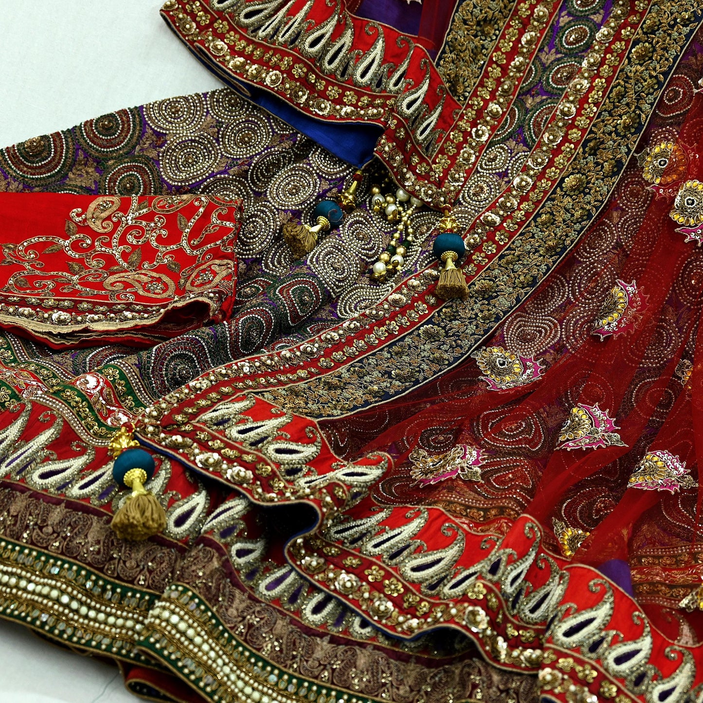 Indian New Heavy Purple & Red Colored Pure Chanderi Silk/Net Hand Embroidered Lehenga 3pcs Set By Designer Sabyasachi Bridal Wear