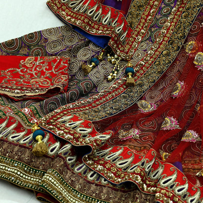 Indian New Heavy Purple & Red Colored Pure Chanderi Silk/Net Hand Embroidered Lehenga 3pcs Set By Designer Sabyasachi Bridal Wear