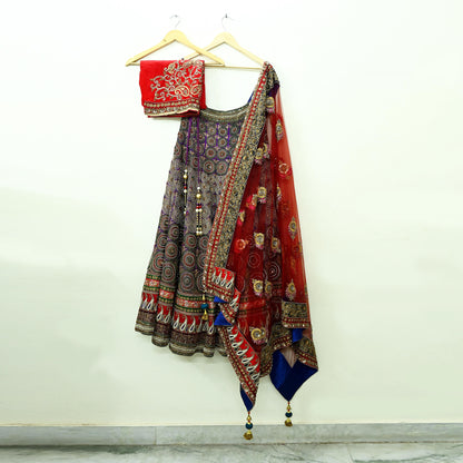 Indian New Heavy Purple & Red Colored Pure Chanderi Silk/Net Hand Embroidered Lehenga 3pcs Set By Designer Sabyasachi Bridal Wear