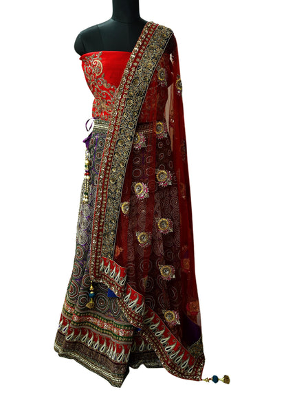 Indian New Heavy Purple & Red Colored Pure Chanderi Silk/Net Hand Embroidered Lehenga 3pcs Set By Designer Sabyasachi Bridal Wear
