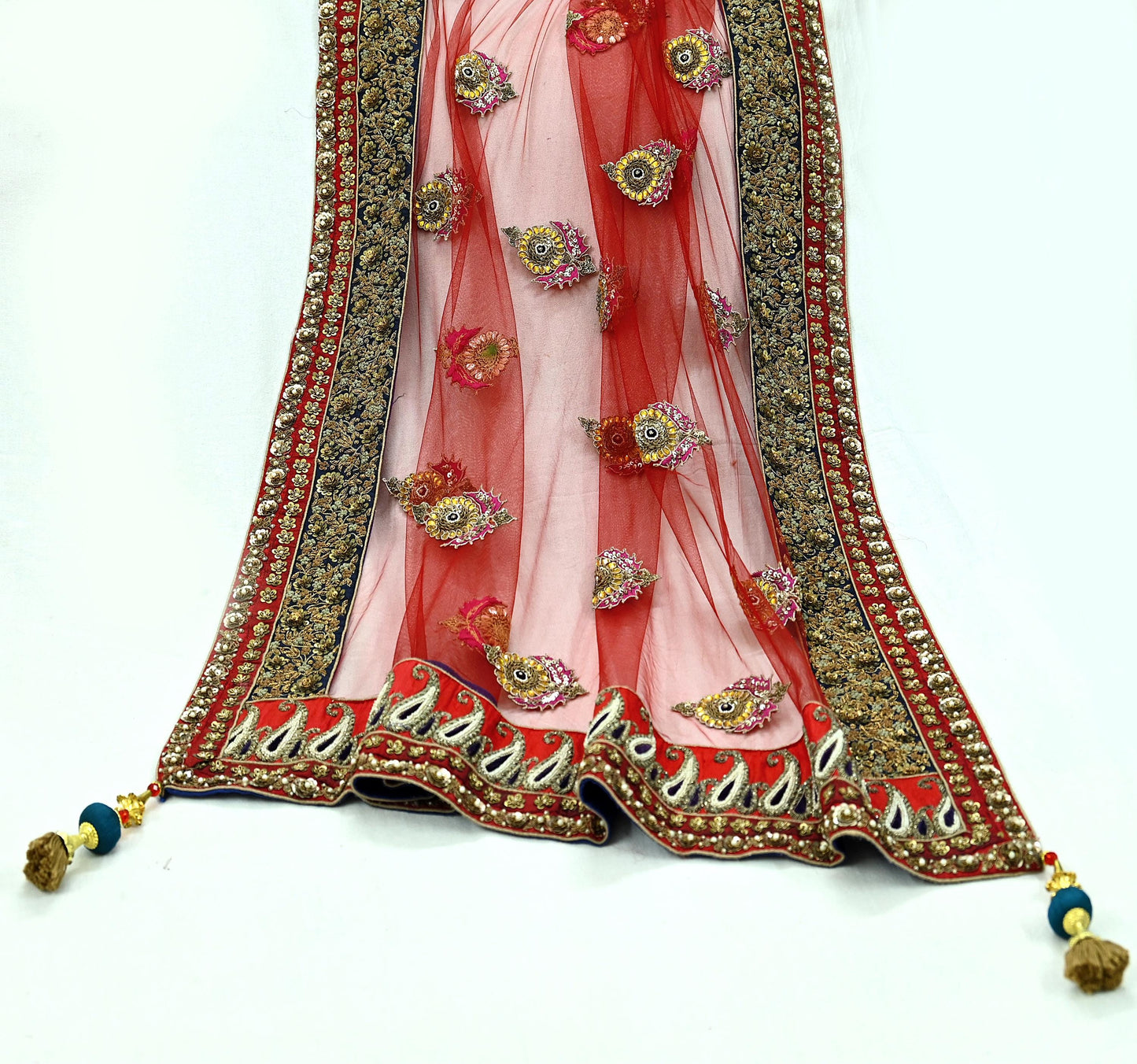 Indian Vintage Heavy Wedding Dupatta Red Net Long Stole Hand Embroidered By Designer Sabyasachi Scarves Zardozi Bridal Veil