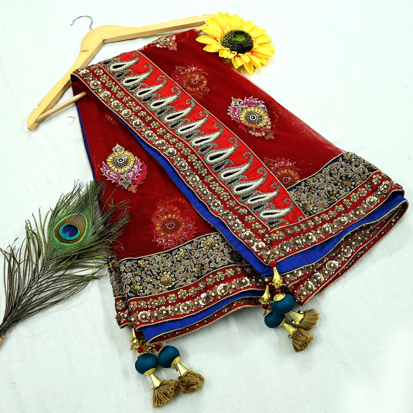 Indian Vintage Heavy Wedding Dupatta Red Net Long Stole Hand Embroidered By Designer Sabyasachi Scarves Zardozi Bridal Veil