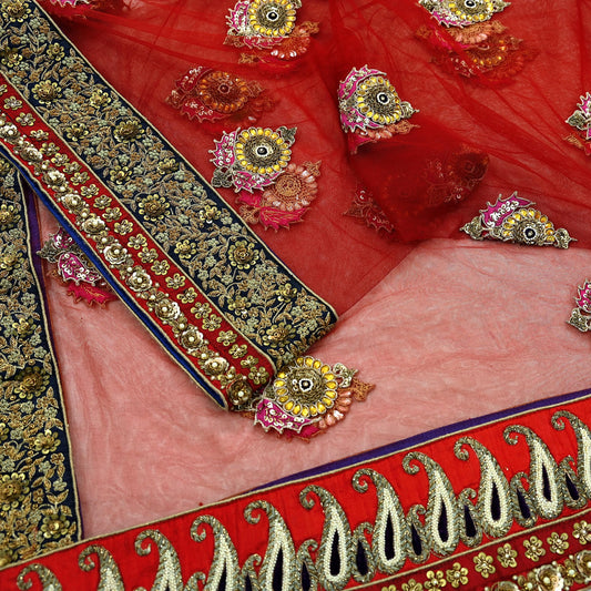 Indian Vintage Heavy Wedding Dupatta Red Net Long Stole Hand Embroidered By Designer Sabyasachi Scarves Zardozi Bridal Veil