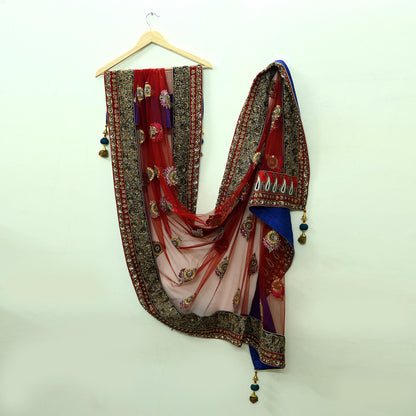 Indian Vintage Heavy Wedding Dupatta Red Net Long Stole Hand Embroidered By Designer Sabyasachi Scarves Zardozi Bridal Veil