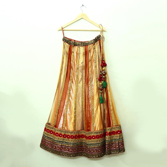 Indian Vintage Heavy Net Hand Embroidered Brocade Lehenga Skirt By Designer Sabyasachi Bridal Wear Dabka/ Zardozi