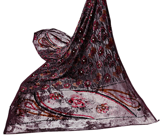 Indian Vintage Dupatta Brown Long Stole velvet Brasso Scarves Veil Hijab Wrap Scarf Floral Boho For her For women's Bollywood stole