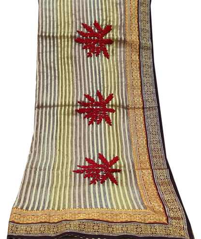 Indian Vintage Dupatta Long Stole Hand Woven Tissue Scarf Veil Soft Floral Zari