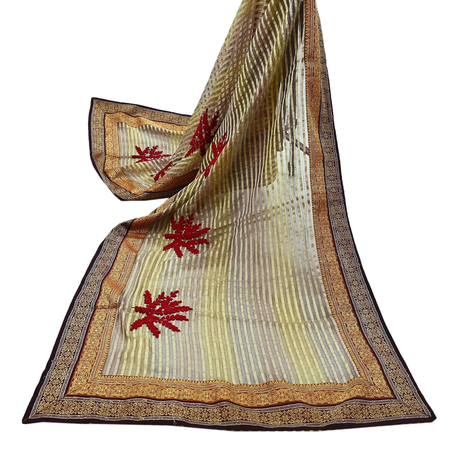 Indian Vintage Dupatta Long Stole Hand Woven Tissue Scarf Veil Soft Floral Zari