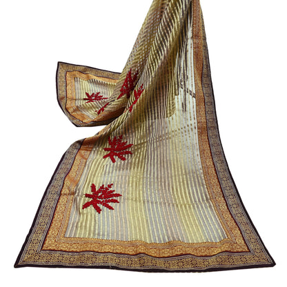 Indian Vintage Dupatta Long Stole Hand Woven Tissue Scarf Veil Soft Floral Zari