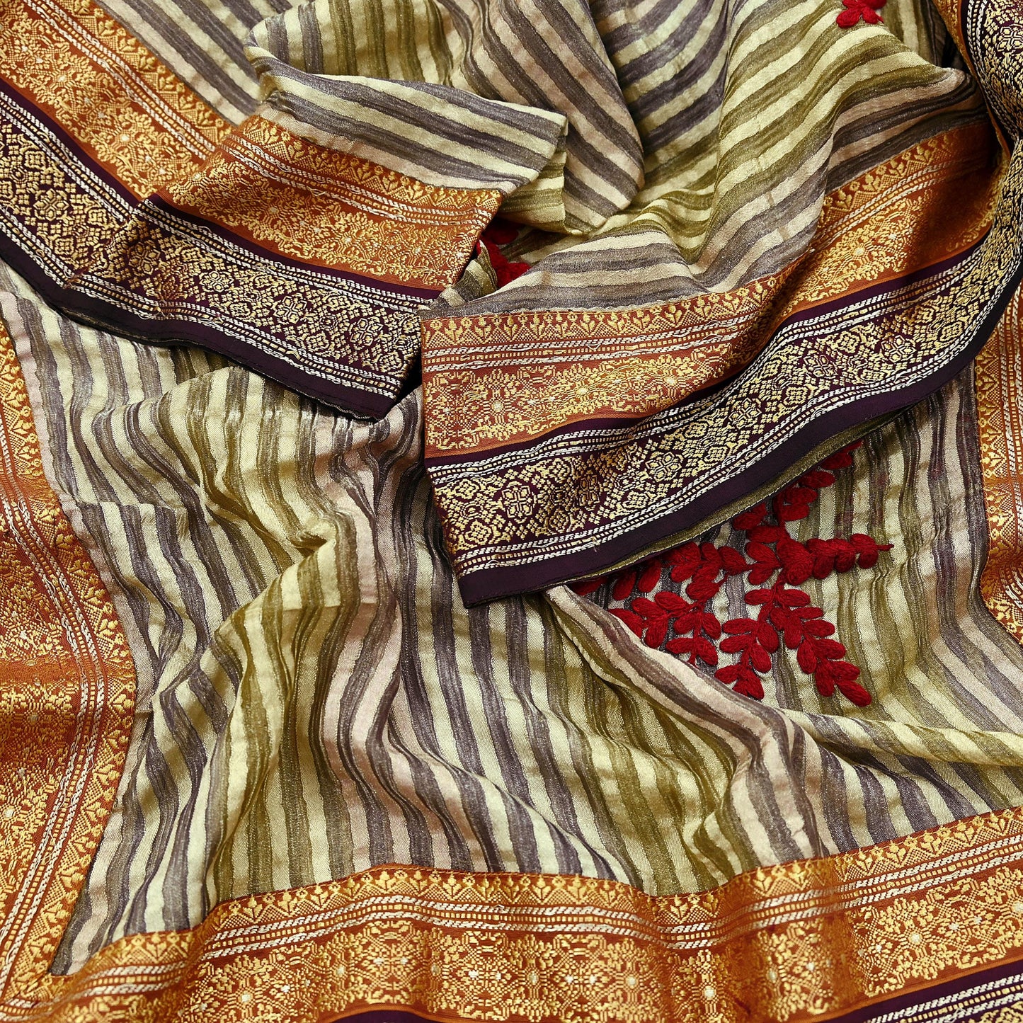 Indian Vintage Dupatta Long Stole Hand Woven Tissue Scarf Veil Soft Floral Zari