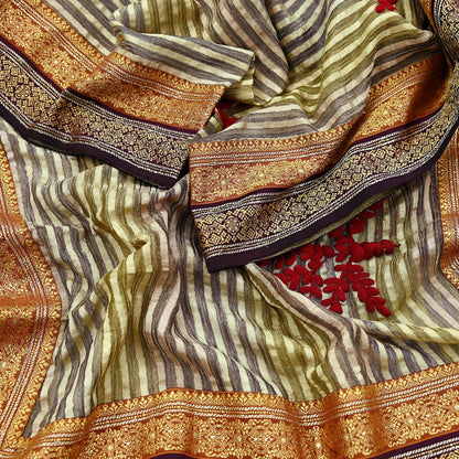 Indian Vintage Dupatta Long Stole Hand Woven Tissue Scarf Veil Soft Floral Zari