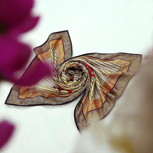 Indian Vintage Dupatta Long Stole Hand Woven Tissue Scarf Veil Soft Floral Zari