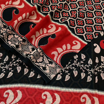 Indian Vintage Sari Red & Black Printed 100% Pure Cotton Sarees Craft Fabric 5Yard Sewing Sarong Wrap Boho Floral Dress making Quilting Soft