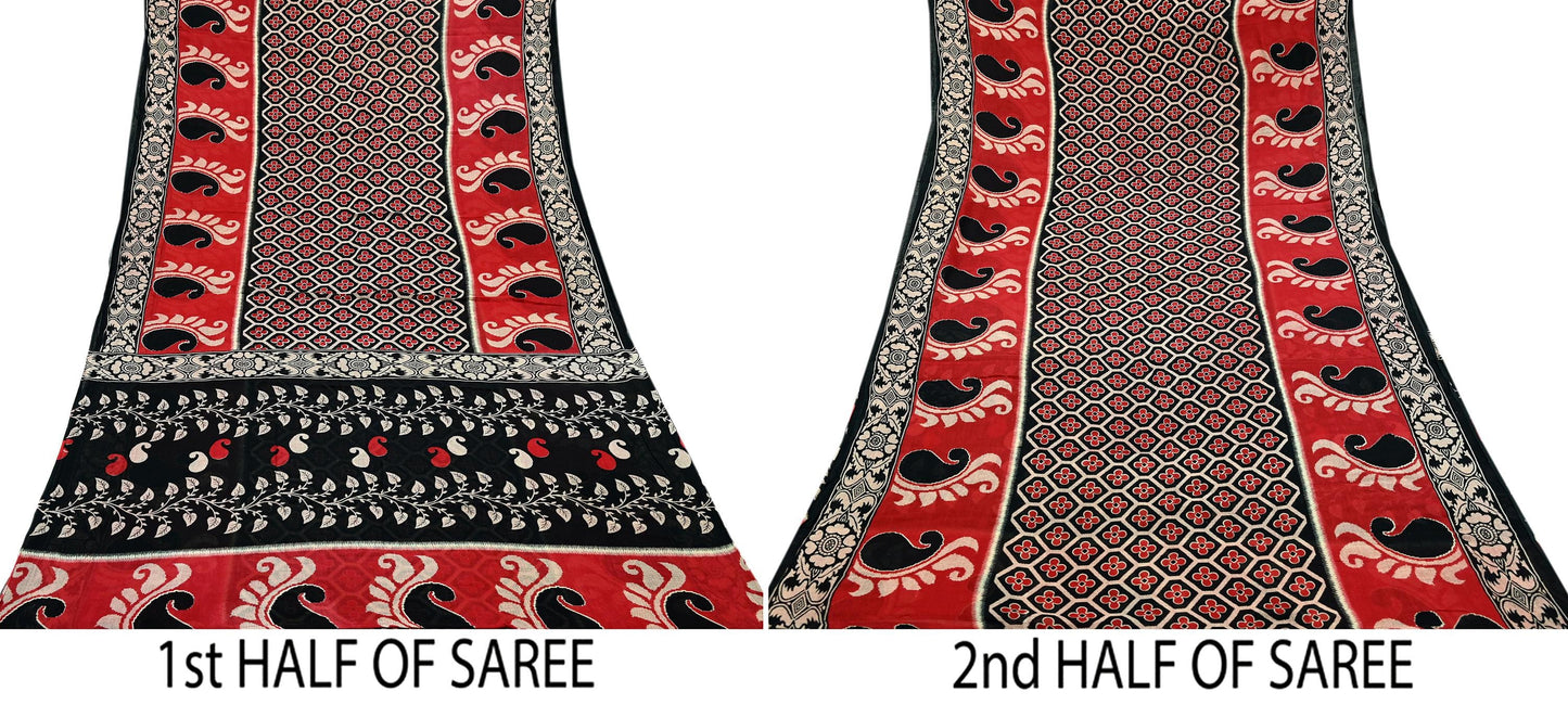 Indian Vintage Sari Red & Black Printed 100% Pure Cotton Sarees Craft Fabric 5Yard Sewing Sarong Wrap Boho Floral Dress making Quilting Soft