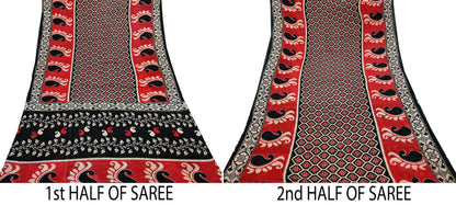 Indian Vintage Sari Red & Black Printed 100% Pure Cotton Sarees Craft Fabric 5Yard Sewing Sarong Wrap Boho Floral Dress making Quilting Soft