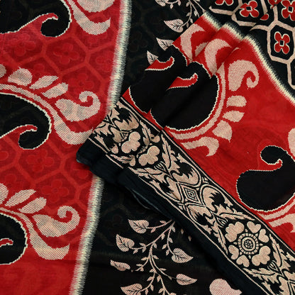 Indian Vintage Sari Red & Black Printed 100% Pure Cotton Sarees Craft Fabric 5Yard Sewing Sarong Wrap Boho Floral Dress making Quilting Soft