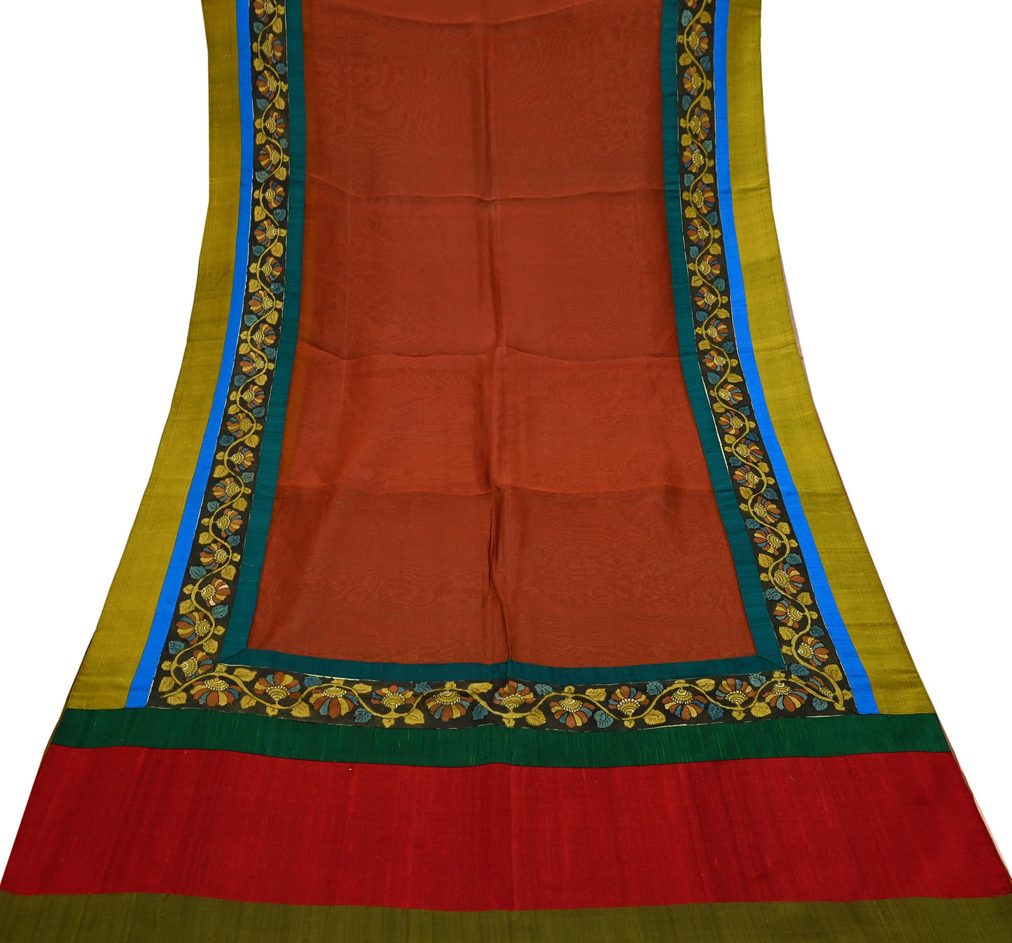 Indian Vintage Sarees Pure Organza Silk Kalamkari Sari 5yd Ethnic Craft Fabric Dress making Upcycle Crafting Quilting