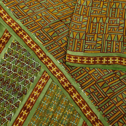 Indian Vintage Sari Green & Saffron Pure Crepe Silk Printed Sarees 5yd Sewing Floral Soft Craft Fabric Wrap Dress Making Crafting Quilting